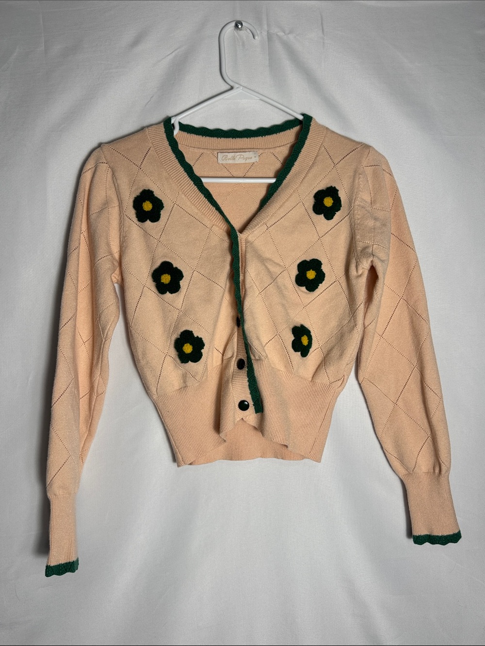Belle Poque Floral Argyle Cropped Cardigan Women’s Size Small